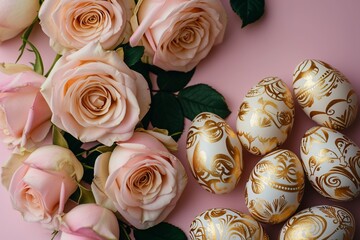 Sophisticated Easter scene with eggs featuring elegant Art Deco motifs, set against a backdrop of blush pink roses, with space for text.
