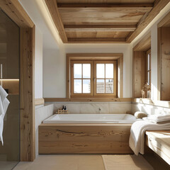 Alpine Chalet Bathroom Design: Wood Tones and White