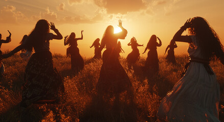 Beautiful women dancing into the sunset. Freedom Concept.