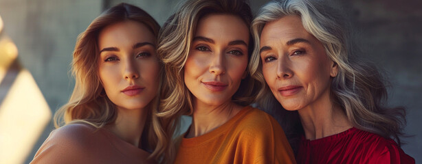 Three women. Mother, daughter and granddaughter posing together in beauty shot.