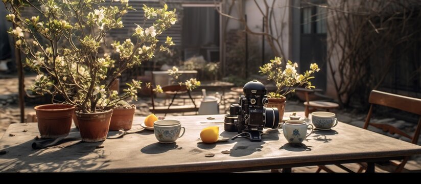 Coffee break in the garden. Coffee with a camera
