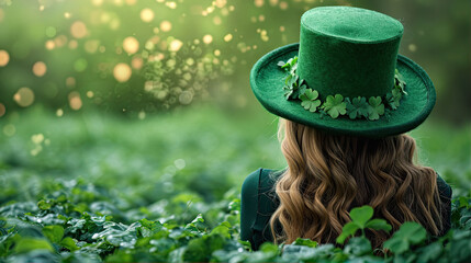 girl with a green hat in clover garden, saint Patrick's day theme - obrazy, fototapety, plakaty
