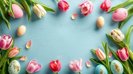 Top view of a pastel-colored Easter setting, featuring a mix of painted eggs and bright spring tulips, with central copy space. High-definition texture details.