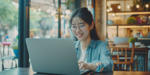 a smiling young woman working on her laptop