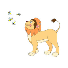 Funny cute lion watches the bees. Color image. The illustration is done by hand in a cartoon style.