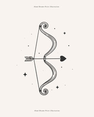 Cupid's bow shoots an arrow of love into the stars. Symbol of romantic love and wedding in linear style. Valentine's day vector illustration. Atribute of Amur - the god of love. - obrazy, fototapety, plakaty