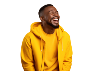 Cheerful African guy laughing with happiness, isolated on transparent background