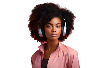 Portrait of a woman wearing headphones listening to music, isolated on transparent background