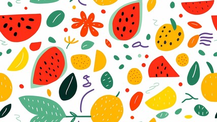Tropical fruits background in minimalist cartoon style
