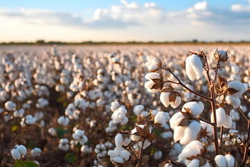 Cotton farm during harvest season. Field of cotton plants with white bolls. Sustainable and eco-friendly practice on a cotton farm. Organic farming. Raw material for textile industry. - obrazy, fototapety, plakaty