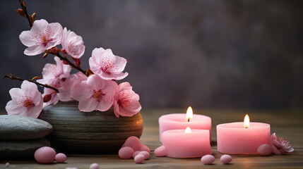 Obraz na płótnie Canvas Spa still life with pink candles, zen stones and cherry blossoms on wooden background