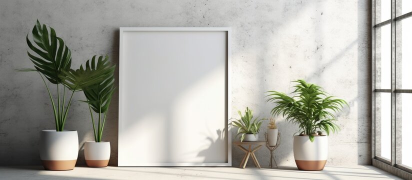 Poster mock up in modern interior with plants. 3D rendering