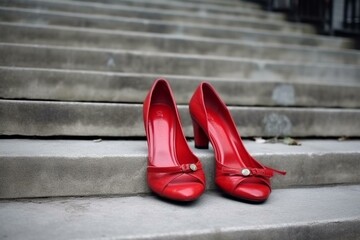 Red shoes on stairs. Protest against violence towards women. Generative AI