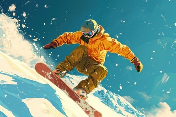 snowboarding poster, in the style of animated illustrations, y2k aesthetic, azure and amber, traditional poses, outdoor scenes