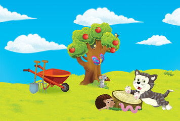 Naklejka premium cartoon scene with farm ranch garden and animals on beautiful day illustration for children