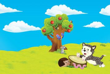 Obraz na płótnie Canvas cartoon scene with farm ranch garden and animals on beautiful day illustration for children