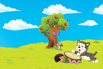 cartoon scene with farm ranch garden and animals on beautiful day illustration for children