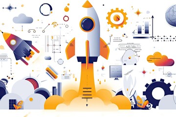 Launching new product or service. Technology development process illustration of project startup process new products and services development from idea to implementation