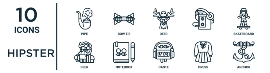 Zelfklevend Fotobehang hipster linear icon set. includes thin line bow tie, deer, skateboard, notebook, dress, anchor, beer icons for report, presentation, diagram, web design © Free Icons