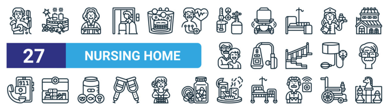 set of 27 outline web nursing home icons such as shower, cake, elderly, electric scooter, hearing aid, aid kit, breakfast, chess vector thin line icons for web design, mobile app.