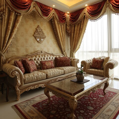 Indian Royal Living Room Style in Maroon and Gold