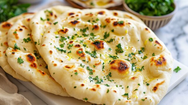 indian naan bread with herbs and garlic seasoning on plate