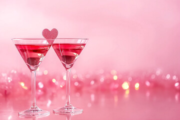 Two elegant crystal glasses of rose champagne with heart between on a pink bokeh background. Minimalistic banner with copy space. Valentine's Day, wedding, holiday, party, Women's Day concept