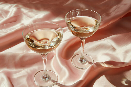 Crystal glass of martini with green olives on a pink silk fabric. Romantic alcohol cocktail with dry gin. Valentine's day greeting card. Creative minimal concept for holiday, celebration, party