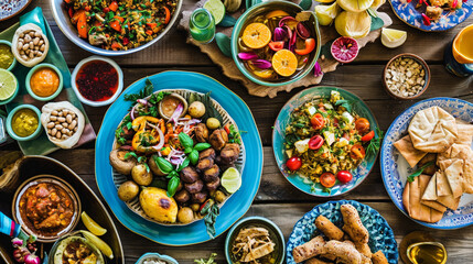 Ramadan kareem Iftar party table with assorted festive traditional Arab dishes. AI Generative