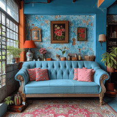 Cuban Retro Living Room Look in Pastel Blue and Pink