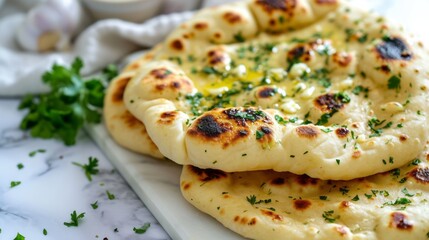 indian naan bread with herbs and garlic seasoning on plate,close up - obrazy, fototapety, plakaty