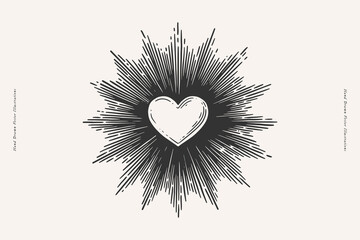 Heart in sparkling rays on a light background. A symbol of romantic and passionate love in engraving style. Vector illustration.