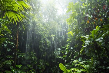 rain in tropical rainforest with backlit green plants and water and sunrays