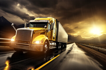 At sunset, semi truck with trailer container is seen travelling along an asphalt road while transporting cargo AI Generation