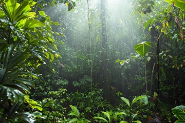 rain in tropical rainforest with backlit green plants and water and sunrays - obrazy, fototapety, plakaty