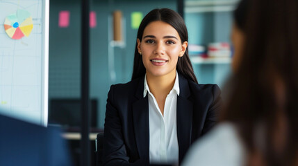 Confident young businesswoman engages in a discussion during a job interview, showcasing her enthusiasm and professional demeanor