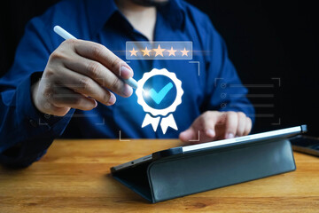 Businessman show icon of top service Quality assurance, Customer rating to service experience and...