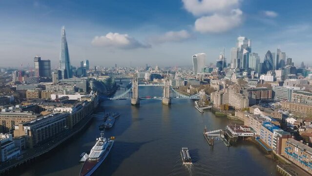 Aerial view of the Tower Bridge in London. One of London's most famous bridges and must-see landmarks in London. Beautiful panorama of London Tower Bridge.