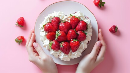 a person holding a heart shaped cake with whipped cream and strawberries on top of it on a pink background - obrazy, fototapety, plakaty
