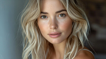 Fototapeta premium A studio portrait of a young blond fashion model with a flawless complexion, long wavy blond hair and full lips. Cosmetics and skin care.