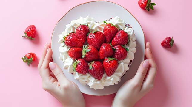 a person holding a heart shaped cake with whipped cream and strawberries on top of it on a pink background