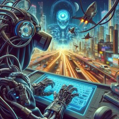 futuristic cityscape with holographic interface and robot
