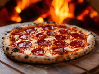 Foto op Plexiglas pepperoni salami pizza served infront of burning logs © Tomislav
