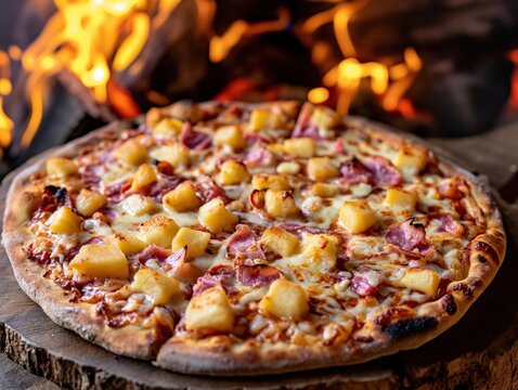hawaiian pizza with pineapple served infront of the burning logs . generative ai