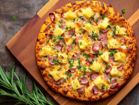 hawaiian pizza with pineapple served on a wooden cutting board