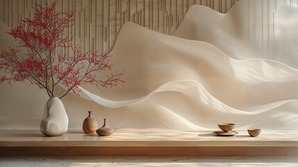 Minimalistic Interior with Red Blossom and Curved Textured Walls