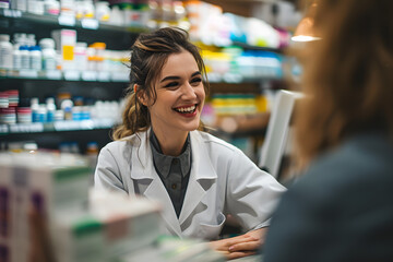 Shot of a cheerful young female pharmacist giving a customer prescription meds over the counter in a pharmacy. - Powered by Adobe