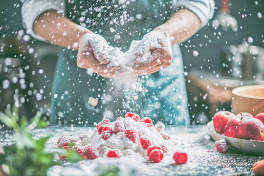 Chef adding flour to meal, frozen action in kitchen, food concept, generative ai
