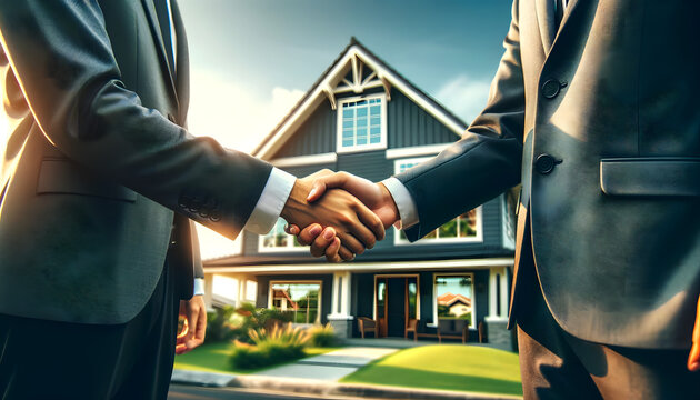 Successful real estate closing: professional handshake in front of new property