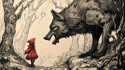 Little Red Riding Hood staring down the big, bad wolf - obrazy, fototapety, plakaty